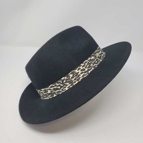 NINE WEST BLACK FEDORA HAT 100% WOOL CHEETAH PRINT BAND WOMEN OS - Picture 6 of 13